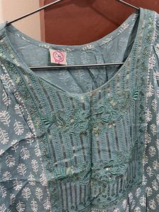 Embroidered Blue Cotton Kurta