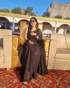 Black Georgette Sequence Saree With Blouse Piece