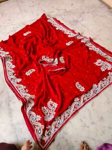 moti work heavy red ♥️ saree with blouse 😍