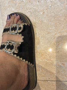 Black Embroidered Buckle Sandals