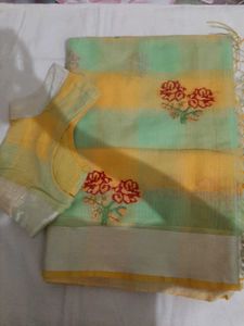 Green Yellow Supernet Saree