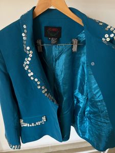 Aqua Blue Single Breasted Blazer with Sequins Bead