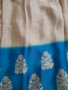 Beige and Greenish Blue Silky Saree with Blouse