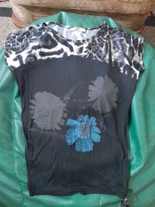 Black Printed Floral Tee, 32&#34;, Used Sparingly