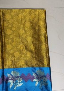 Unused Golden Colour Saree With Blue Border