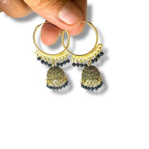 Gold Plated Black Beads Hoop Jhumka Earrings
