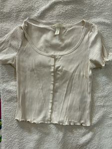 H&M Cream Ribbed Button-Up Top