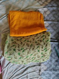 Green Floral saree with yellow dupatta combo