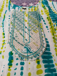 Stitched Green White Colour Pure Cotton Suit Set