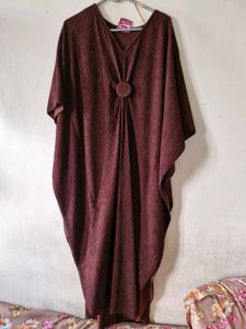 Brown Pleated V-Neck Kaftan Dress