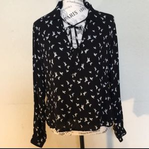 H&M Bird Print Tie Neck Blouse