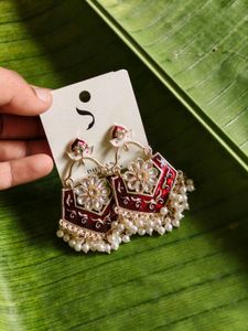 Dark Red &amp; Pearl Kundan Earrings