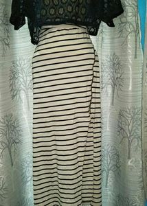 White Strip Slit Skirt