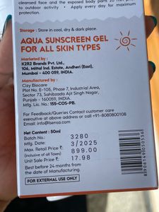 L’SENSA Aqua Sunscreen Gel SPF 50 – Unused, 50ml