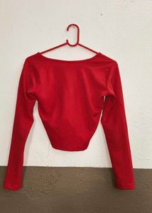 Solid V-Neck Red Casual Top