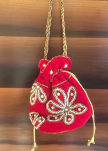 Red Beaded Velvet Potli Bag