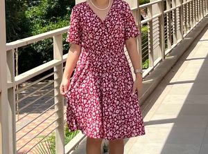 Cotton Red Floral Wrap Midi Dress