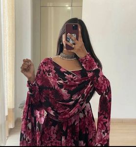 Black And Pink Floral Anarkali With Dupatta