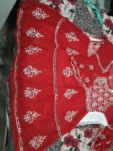 Red Chikan Kari Kurti With Mirror Work