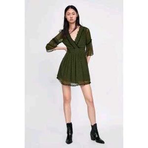 Zara Olive Green Sheer Mini Dress