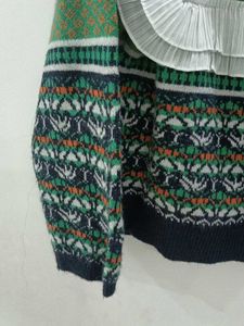 Green Patterned Ruffle Sweater