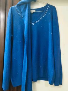 Blue Embellished Sweater & Scarf Set