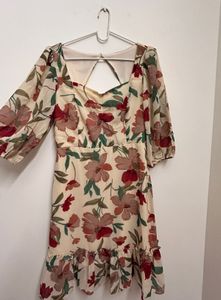 Cream-Coloured & Maroon Floral Printed Dress