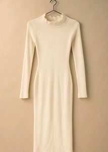 Cream Ribbed Mock Neck Midi Dress