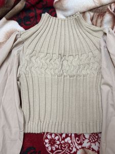 Beige Knit &amp; Puff Sleeve Top