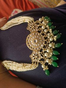 Ethnic Off White And Green Pearl Choker Set