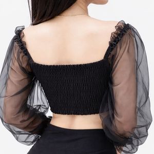 Chic Black Crop Top - Sheer Sleeves