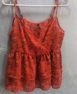Ruffled Red Sleevless V-neck Top