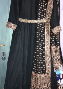 Black Ethnic Gown With Belt And Heavy Dupatta