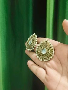 Copper Earrings With Stone In Between , White Beed