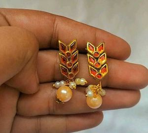 Orange Gold & Pearl Drop Earrings