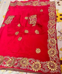 Rani Pink with Hand Embroidered Golden & Silver Za