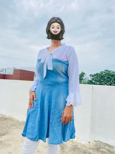 Denim Top With Shiffon White Sleeves