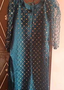 Teal Embellished Kurti with Mesh Sleeves