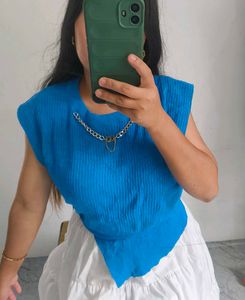 Blue Ribbed Knit Top