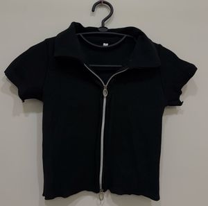 Black Ribbed Zip-Up Collared Top