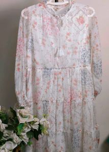 Floral Chiffon Tiered White Dress