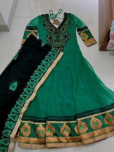 Emerald &amp; Black Embroidered Anarkali Suit