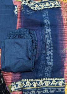 Teal Blue &amp; Motifs Embroidery Kurti Pant Dupatta