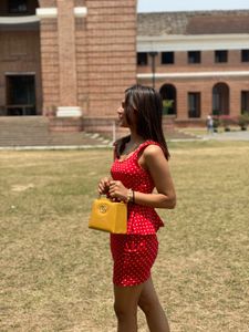 red dress with Polka Dot Handbag both