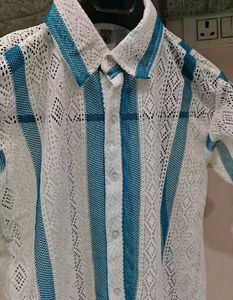 Lace Striped Short Sleeve Shirt Net
