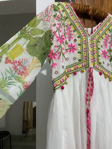 White Printed Anarkali Dress With Dupatta And Pant