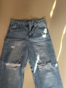 Distressed Wide Leg Blue Jeans