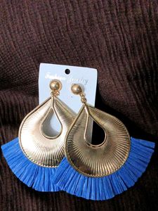Gold &amp; Blue Fringe Statement Earrings