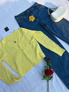 Outfit Set - Yellow Cardigan &amp; Wide Leg Jeans