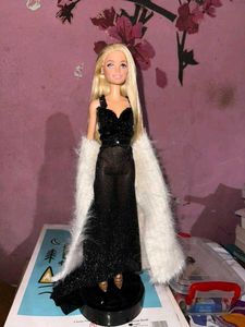 Elegant very long hair Barbie in Black Gown